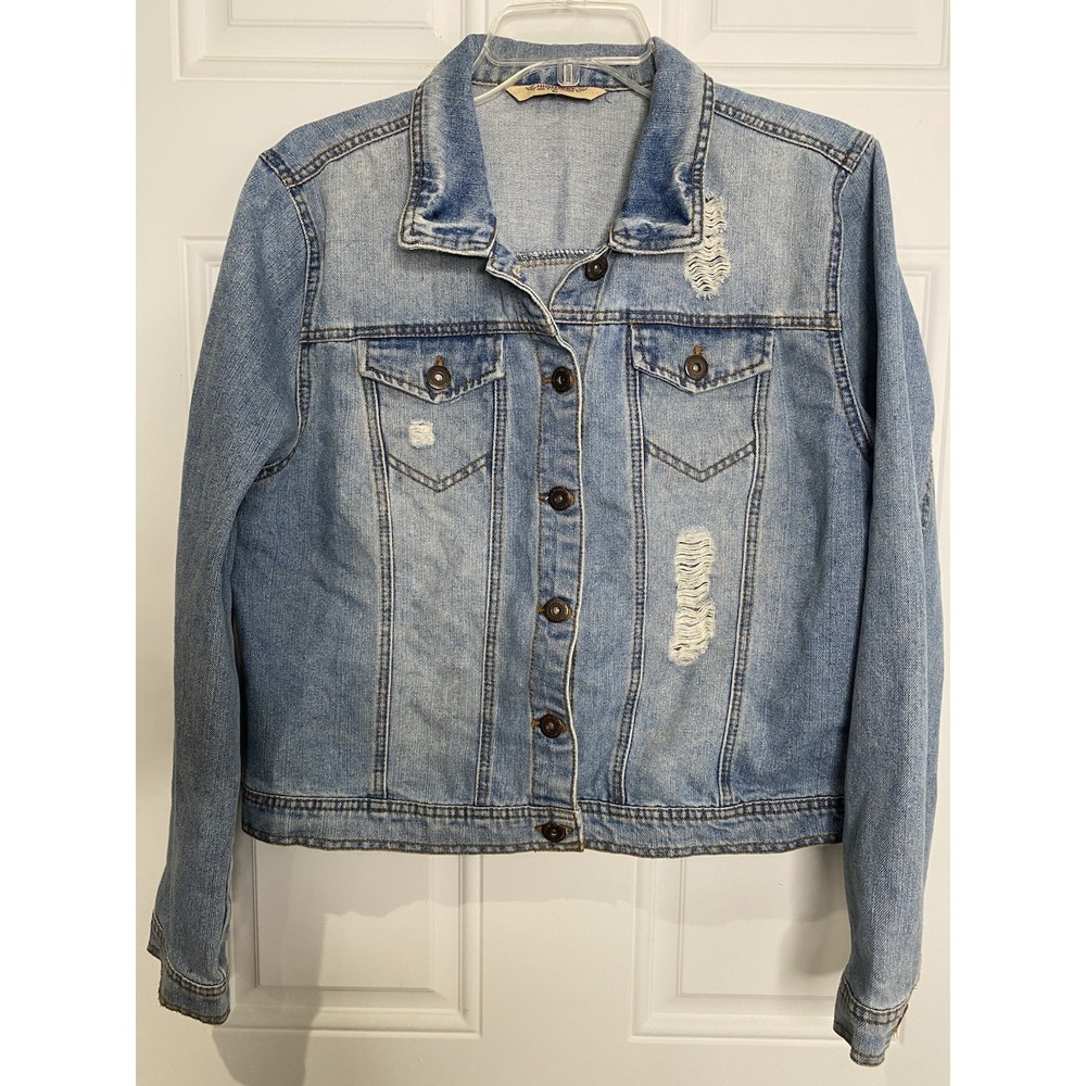 Highway Jeans Jacket Women's XL Blue Denim Distressed Button Retro 80's
